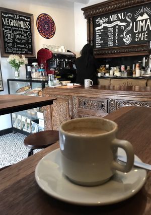 Cappuccino with vegan milk made from quinoa, sesame and Brazilian nuts at Uma Cafe in Cusco