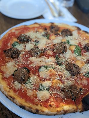 Vegan meatball & mozzarella pizza at Il Fornello in Ajax
