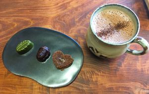 Matcha-chlorella chocolate, maca chocolate, peanut butter chocolate, and hot chocolate! So delicious   at Zen Vegan Cafe - 是好日 in Hikone