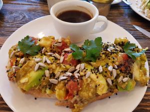 Loaded avocado toast. (Just ask for no egg). at Distrikt Coffee in Berlin