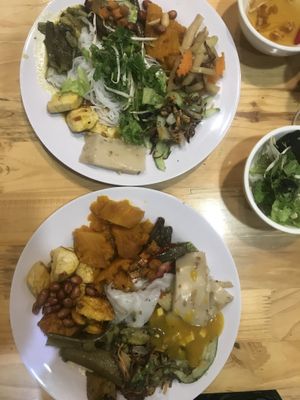 Plate filled with different tofu varieties, veggies, nuts,... at Moc Chay in Hanoi