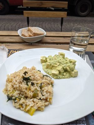 Tofu with zucchini sauce and rice at Oh Mio Bio in Turin