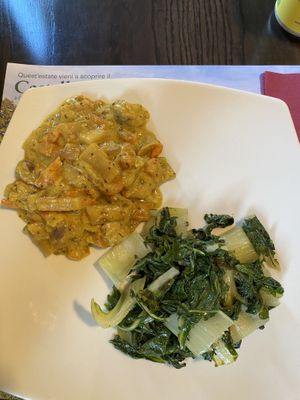 Seitan mustard and seasonal greens.  at Oh Mio Bio in Turin