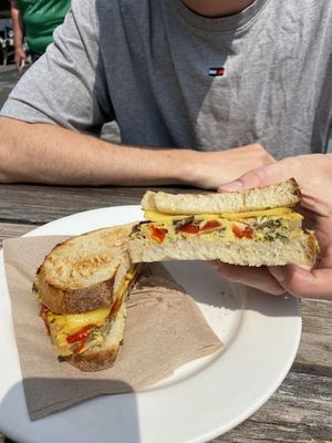 Vegan breakfast sandwich with just egg and fresh sourdough at Wild Flour in Banff