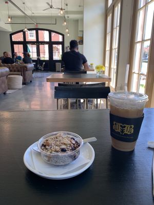 Really nice blueberry chia pudding and iced soy latte at Backatown Coffee Parlour in New Orleans