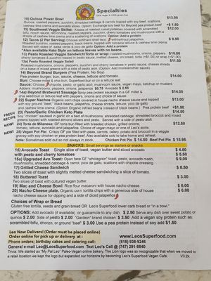 menu at Leo's Superfood Vegan Cafe in Northridge