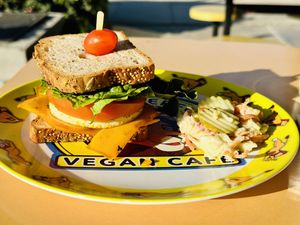 2022.JAN28- 1. McLeos Breakfast Muffin ($12.50) nooch sauce lacked Kala Namak…leaving sandwich bland😒 at Leo's Superfood Vegan Cafe in Northridge