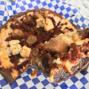 Meat Lovers Pizza at Leo's Superfood Vegan Cafe in Northridge