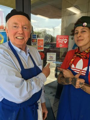 Aud and the owner David & HappyCow 5-star window decal I presented them!! at Leo's Superfood Vegan Cafe in Northridge