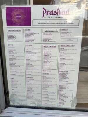 Menu card  at Prashad Cafe in Cape Town