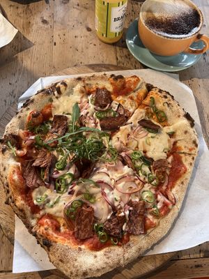 Vegan meat on a spicy pizzaa  at Hangin' Pizzeria in Betws-y-coed