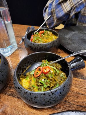 Sag Aloo (front) Kangari (back) at Cafe Indus in Sheffield
