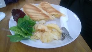 Cheese and onion paninis with salad and baked crisps  at Cappuccino Kids in South Shields