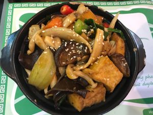 a mix of mushrooms, tofu, another vegan meat and squash at Bodhi - Bo Den Duyen in Dong Hoi