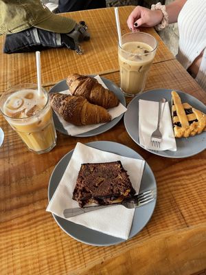 Vegan croissant, chocolate loaf, pastry, and coffee!  at Filter in Pisa