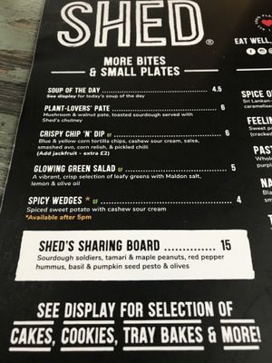 Menu at Shed in Sheffield
