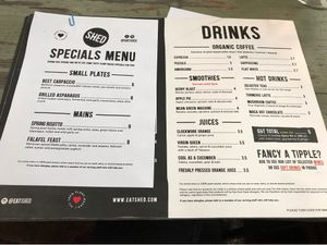 Menu at Shed in Sheffield