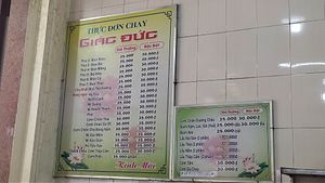 A la carte menu with prices. There is also a vegan buffet at Giac Duc in Buon Ma Thuot