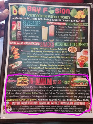 Can substitute the meat with tofu and remove the mayonnaise for the bánh mì. at Bay Fusion in Spring