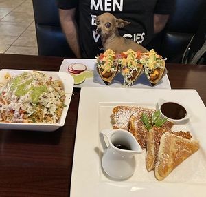 Asada Fries, Coconut Schrimp Tacos, and French Toast at Madre Tierra in Upland