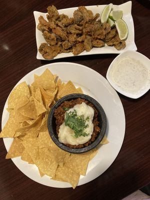 Fried Mushroom Kalamari at top and Choriqueso at bottom at Madre Tierra in Upland