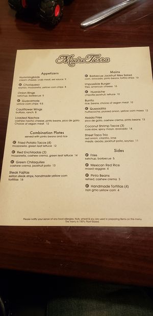 Menu side 1 at Madre Tierra in Upland