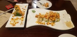 Hummingbirds and Popcorn sushi roll. Both dishes are very, very good. Must try.  We couldn't wait to start eating then we realized that we should have taken a picture to post here first. at Madre Tierra in Upland