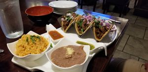 Seitan Tacos with rice and beans. Yum! at Madre Tierra in Upland
