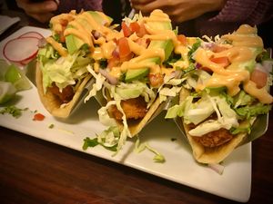 Coconut vegan shrimp tacos at Madre Tierra in Upland
