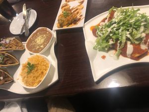 Street Taco and Red Enchiladas combination plates. Also what was left of our Hummingbirds appetizer  at Madre Tierra in Upland