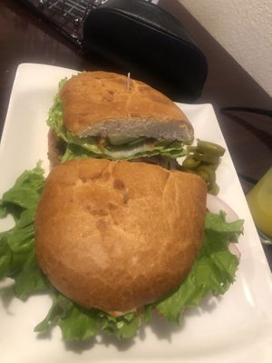 Torta with half jack fruit pollo and half seitan azada  at Madre Tierra in Upland