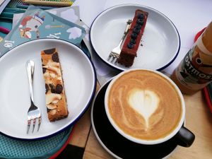Chocolate and blueberry cheesecake and muesli bar. at Bohemian Kids Café in Leipzig