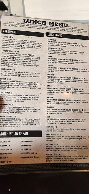 Menu inside with combos August 16 2024 at Tikka Indian Cuisine in Venice