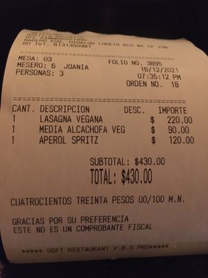 La cuenta. The aperol was a healthy sized glass, meriting the price which was not inexpensive. at Mezzaluna in Loreto