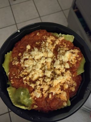 Spinach ravioli with vegan cheeze (highly recommend) at Mezzaluna in Loreto