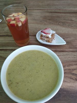 Plantain soup, apple cider drink, tiny dessert at Masala in Pereira