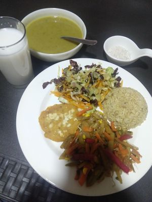 Soup, drink, dessert, main plate at Masala in Pereira