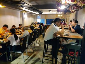 Upstairs at dinner at QīngTián Shū Shí 青田蔬食 in Hualien