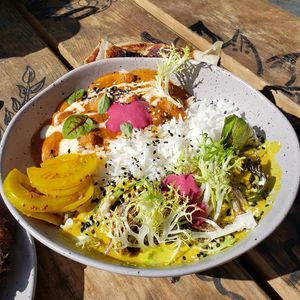 BC (vegan butter 'chicken', made with fried cauliflower) and Greens in a Malaysian style sauce, served with rice and paratha at TVX in Toronto