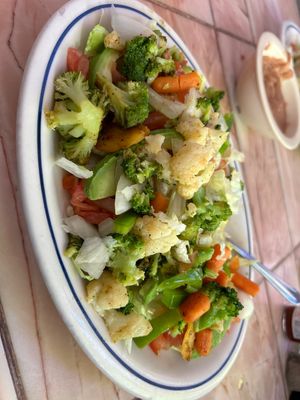 Vegan salad specially made by Adrianna.  Delicious with pinto beans on the side   at Adriana's in Cottonwood