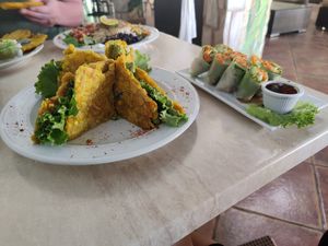 Plantain Bread Sandwich - YUM 🤩 - and spring rolls at Sano Banano in Montezuma