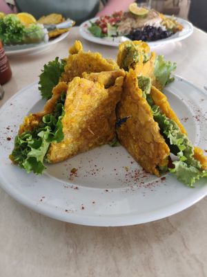 Plantain Bread Sandwich w avocado, tomato, lettuce 🙌 at Sano Banano in Montezuma