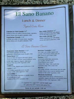 Menu at Sano Banano in Montezuma