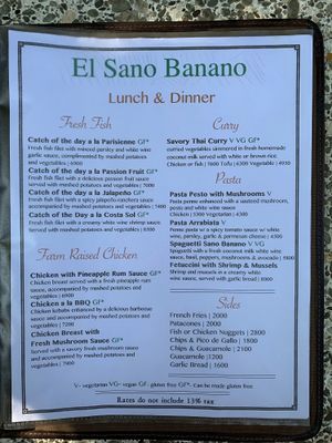 Menu at Sano Banano in Montezuma