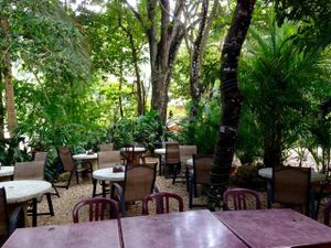 outdoor seating area in back of restaurant  at Sano Banano in Montezuma