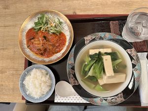 Eggplant in chilli sauce, stir-fried vegetables with tofu and rice  at Marichou-K in Kanazawa