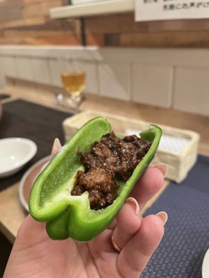 Green pepper soy meat boats!  at Marichou-K in Kanazawa