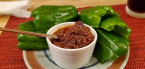 Green peppers with miso / soy "meat" sauce (appetizer on dinner menu) at Marichou-K in Kanazawa