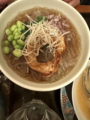 Kanazawa Shoyu Ramen with glass noodles (vegan substitute for egg noodles)  at Marichou-K in Kanazawa