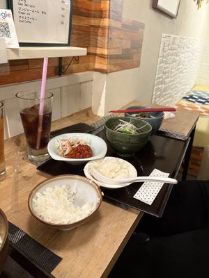 Soy milk ramen, Kanazawa Ramen, rice, eggplant in chili sauce. Each dish is only half the regular size because she was so kind to split each dish so that we could try both😄 at Marichou-K in Kanazawa